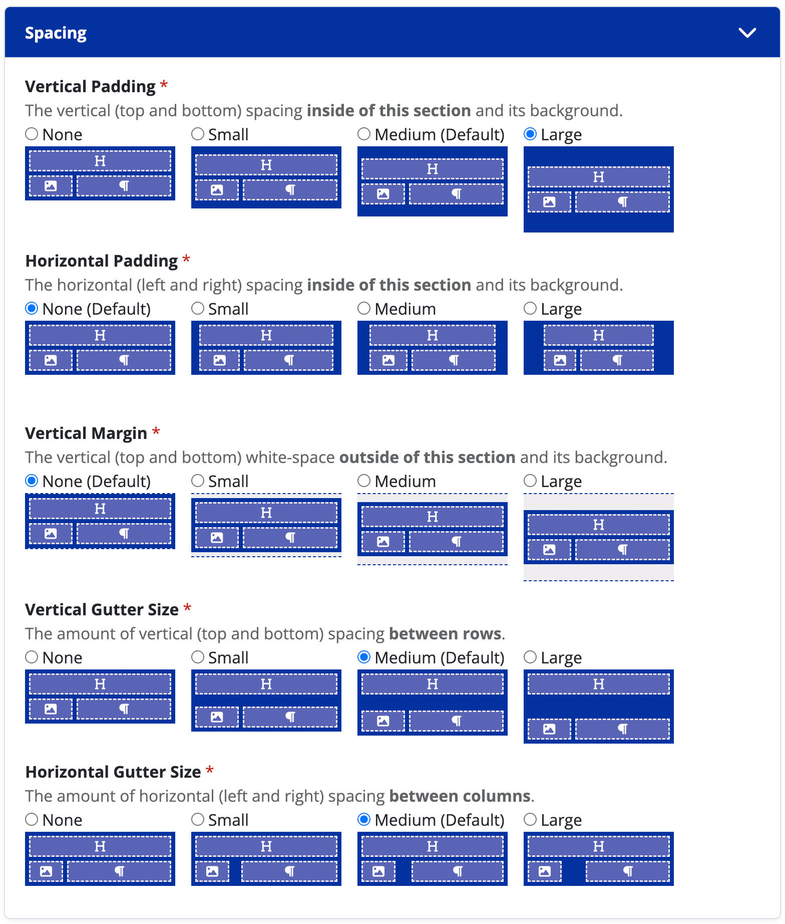 Screenshot of the node editor's "spacing" section